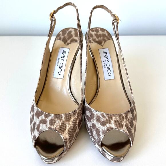 Jimmy Choo Nova Leopard Print Gold Shimmer Leather Slingback Pumps Size 38 - Picture 4 of 16